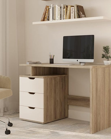 Lavish Home Contemporary Desk with Attached 3-Drawer File Cabinet for Home Office, Bedroom, Computer, or Craft Table, 43-Inch Long, White and Natural - LeafyLoom