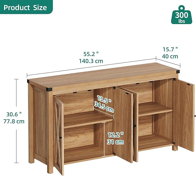 YITAHOME Farmhouse Sideboard Buffet Cabinet with Storage with 4 Doors, 55'' Large Kitchen Storage Cabinet, Wood Coffee Bar Cabinet with Adjustable Shelf for Kitchen, Living Room, Oak - LeafyLoom