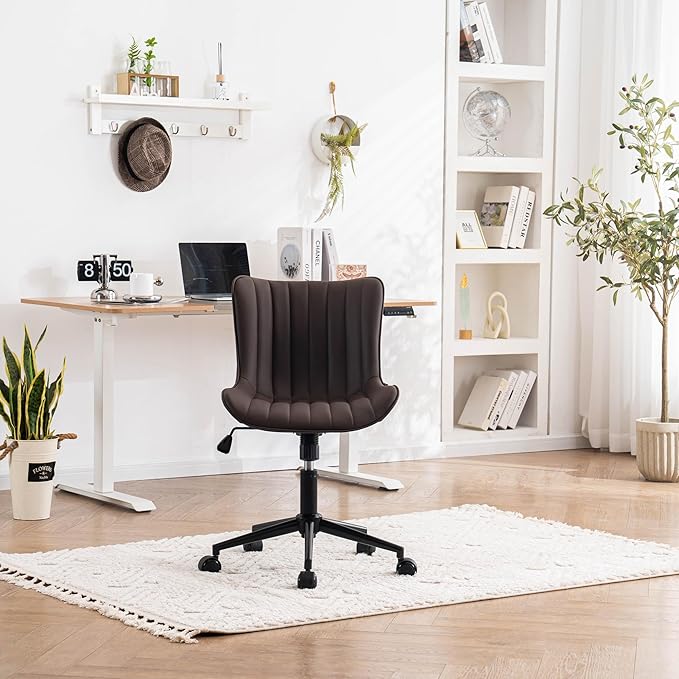 YOUNIKE Armless Office Chair with Wheels Swivel Rolling Desk Chair Leather Upholstered Adjustable Computer Task Chair Modern Rocking Recline Gaming Chair Brown - LeafyLoom