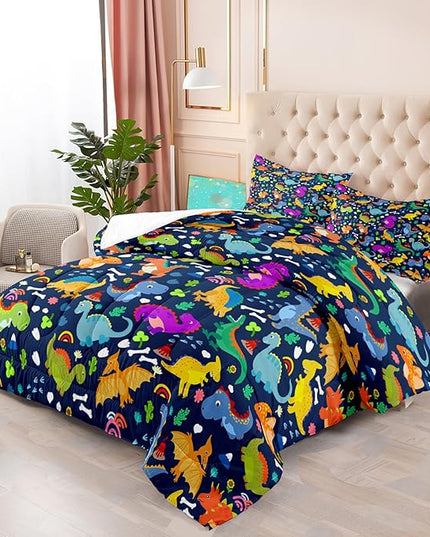 Dinosaur Full Size Bedding Set - Cartoon Dinosaur Full Size Comforter Sets for Boys Soft Breathable Blue Dino Quilt Kids Comforter Set Decor for Boys Bedroom, 1 Comforter 2 Pillowcase - LeafyLoom