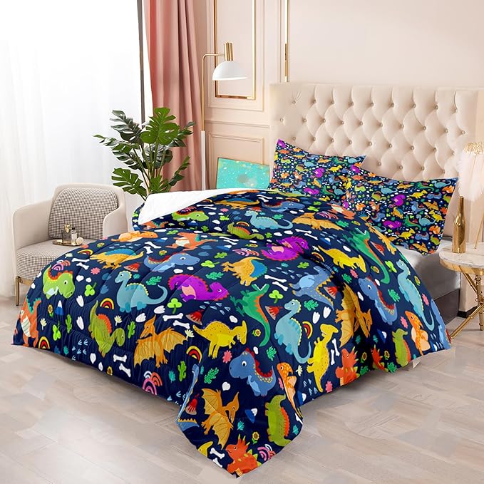 Dinosaur Full Size Bedding Set - Cartoon Dinosaur Full Size Comforter Sets for Boys Soft Breathable Blue Dino Quilt Kids Comforter Set Decor for Boys Bedroom, 1 Comforter 2 Pillowcase - LeafyLoom