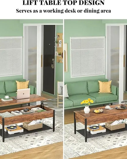 Homieasy Coffee Table, Lift Top Coffee Table with Storage Shelf and Hidden Compartment, Modern Lift Top Table for Living Room, Wood Lift Tabletop, Metal Frame - Rustic Brown - LeafyLoom