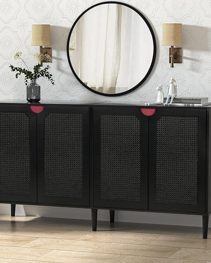 Anmytek Rattan Sideboard Buffet Cabinet with 4 Doors, Large Kitchen Storage Cabinet Black Sideboard with Adjustable Shelf Credenzas for Kitchen Living Room Hallway H0108 - LeafyLoom