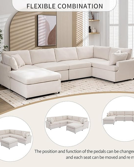 Modern 3 Seater Sofa with Removable Back and Seat Cushions, Linen Upholstered Sectional Couch w/ 4 Pillows & Sturdy Wood Legs for Living Room, Apartment, Office, 91 Inch, 152.8inch, Beige-5 - LeafyLoom