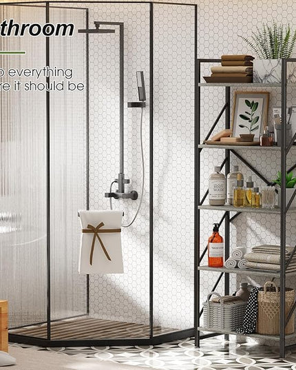 5 Tiers Bookcase Shelf,Industrial Rustic Storage Rack with Shelves,Wood Tall Bookshelf Open Shelf,Farmhouse Bookshelf Book Case for Bedroom/Living Room/Home Office,Gray - LeafyLoom