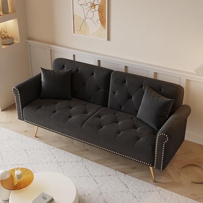 NicBex Sectional Couch Sofa with Throw Pillows Velvet Sofa Bed Cloud Couch for Living Room Furniture Sets with Metal Legs, Modular Sofa for Living Room, Bedroom, Apartment,69.7" L, Black - LeafyLoom
