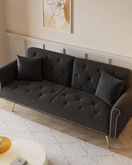 Button Tufted Upholstered Convertible Folding Sleeper Sofa Bed Futon Loveseat Couch Recliner Daybed with Adjustable and Nailhead Trim for Living Room, Bedroom, Black 69.7" - LeafyLoom