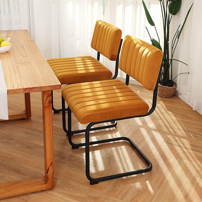 ONEVOG Velvet Dining Chairs Set of 2, Upholstered kitchen Dining Room Chair, Comfy Chair with Black Metal Legs, Cantilevered Design Chair for Bedroom, Living Room (Orange) - LeafyLoom