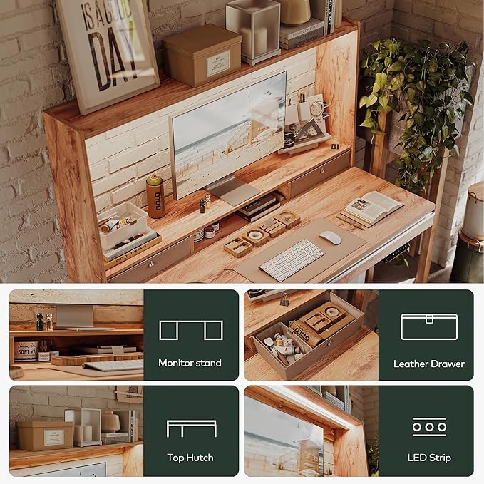 FEZIBO 55 x 27.5 Inches Electric Standing Desk with Open Shelf&LED Strip, Adjustable Height Sit Stand Up Desks with 4 Drawers, Ergonomic Workstation，Light Rustic - LeafyLoom