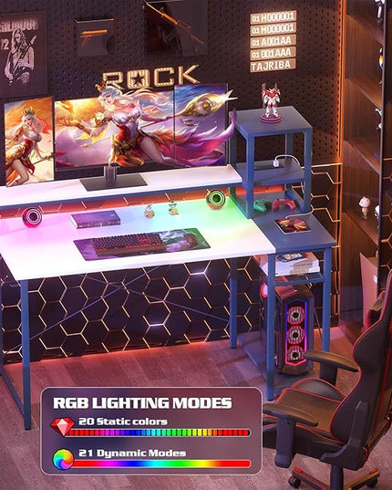 armocity 2024 Upgrade Gaming Desk with LED Lights, Small Computer Desk with Long Monitor Stand, 47.2'' Reversible Laptop Table with Storage Shelves, Small Desk for Small Spaces, Gaming Room, White - LeafyLoom