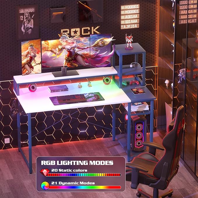 armocity 2024 Upgrade Gaming Desk with LED Lights, Small Computer Desk with Long Monitor Stand, 47.2'' Reversible Laptop Table with Storage Shelves, Small Desk for Small Spaces, Gaming Room, White - LeafyLoom