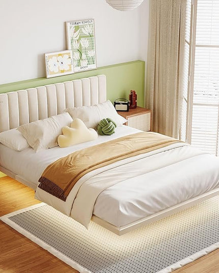 RITSU Queen Size Upholstered Floating Velvet Platform Bed with Sensor Light and Headboard, Plywood & Solid Bedframe, for Apartment Bedroom, No Need for Box Springs, Beige - LeafyLoom