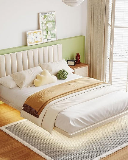 Queen Size Floating Sensor Light and Headboard, Velvet Platform Bed for Kids Girls Boys Teens Adults,No Box Spring Needed,Beige - LeafyLoom