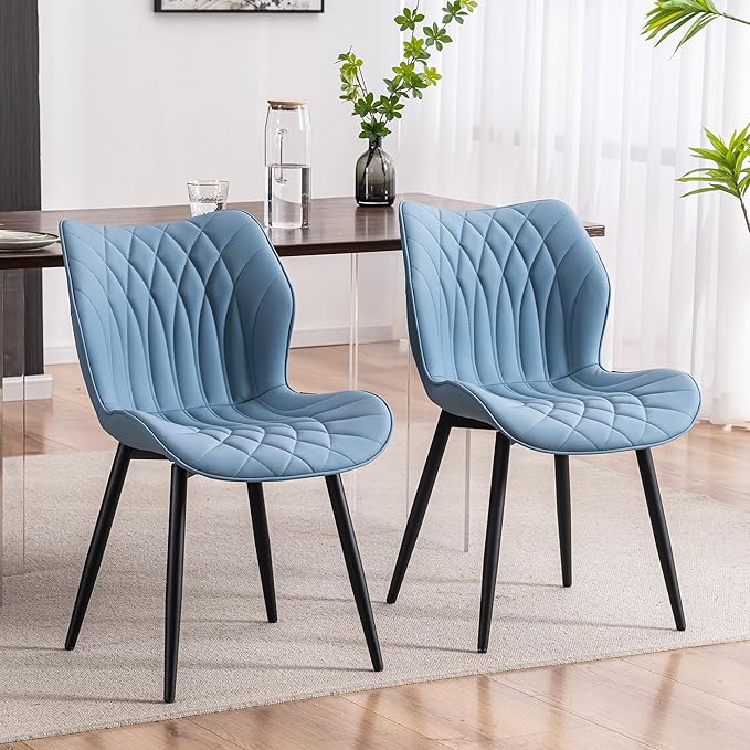 YOUNIKE Dining Chairs Set of 2 Upholstered Faux Leather Dining Room Chairs, Modern Kitchen Chairs Living Room Bedroom Side Chairs with Wide Curved Back and Adjustable Metal Legs, Blue - LeafyLoom
