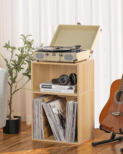 LEYAOYAO 2 Cube Bookshelf,Natural Record Player Stand Holds up to 100 Albums, Mini Wood Book Shelf Storage Organizer,Turntable Stand with Vinyl Storage Cabinet, Narrow Open Bookcase for Small Spaces - LeafyLoom