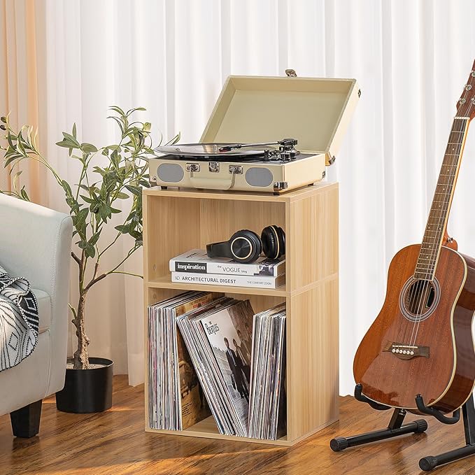 LEYAOYAO 2 Cube Bookshelf,Natural Record Player Stand Holds up to 100 Albums, Mini Wood Book Shelf Storage Organizer,Turntable Stand with Vinyl Storage Cabinet, Narrow Open Bookcase for Small Spaces - LeafyLoom