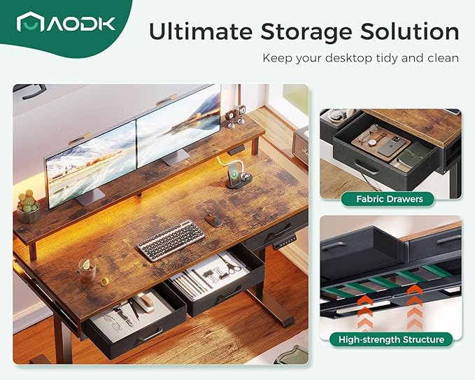 AODK 55 Inch Electric Standing Desk with 3 Drawers, Brown, Height Adjustable Desk with Power Outlets & LED Lights, Stand Up Desk with Monitor Shelf, Sit Stand Desk Computer Workstation - LeafyLoom