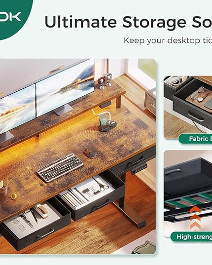AODK 47 Inch Electric Standing Desk with 3 Drawers, Brown, Height Adjustable Desk with Power Outlets & LED Lights, Stand Up Desk with Monitor Shelf, Sit Stand Desk Computer Workstation - LeafyLoom