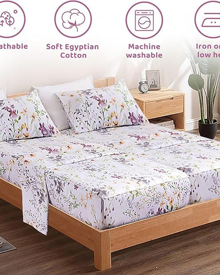 QSH 100% Cotton Sheets for Split King Size Bed - Floral Plant Pattern Botanical Luxury Cotton Printed Floral Bedding King Size Sheet with Deep Pockets 17" Soft and Breathable 5pcs - LeafyLoom