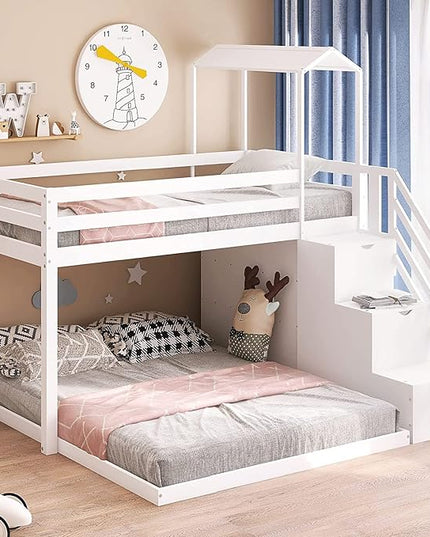 Stairway Twin over Full House Bunk Bed with Storage Shelves & Roof Design,Wooden Bunkbeds wtih Safety Guardrails for Kids/Teen/Adults Bedroom,Space Saving, White - LeafyLoom