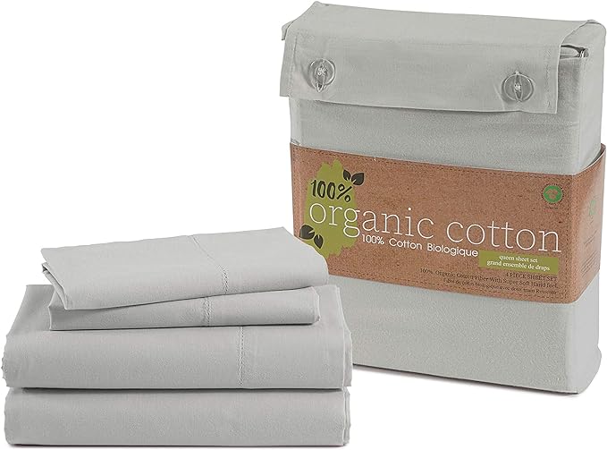 LANE LINEN 100% Organic Cotton Queen Sheets, 4Pc Cotton Sheets Queen Size Set, Classic Percale Weave Bedsheets Queen Size Bed, Sheet & Pillowcase Sets, Queen Bed Sheets Deep Pocket - Silver - LeafyLoom