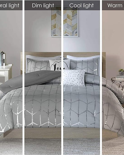 Intelligent Design Raina Full / Queen Comforter Set, Soft Microfiber Comforter Set Queen, Modern Geometric Metallic Bed Set, 5 Pieces College Bedding Comforter Set with 2 Shams, 2 Toss Pillows Grey - LeafyLoom