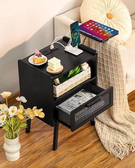 Lerliuo Rattan Nightstand with Charging Station, Side Table with Drawer Open Shelf, Cane Bedside End Table with Solid Wood Legs, Mid Century Night Stand for Bedroom, Dorm and Small Spaces (Black) - LeafyLoom