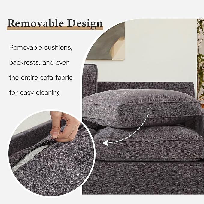 EASELAND Sofa Couch, 88" Chenille Loveseat for Living Room, 3 Seat Lounge Sofa for Bedroom with Removable Back and Seat Cushions, Modern Deep Comfy Couch with Solid Wood Legs and Armrest (Dark Grey) - LeafyLoom