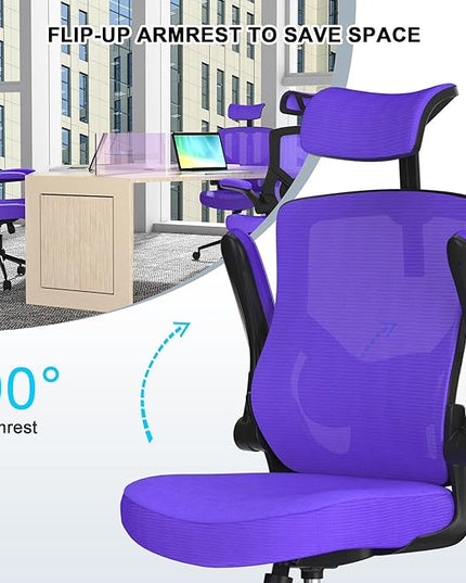 𝑯𝑶𝑴𝑬 𝑶𝑭𝑭𝑰𝑪𝑬 𝑪𝑯𝑨𝑰𝑹, Ergonomic Mesh Desk Chair, High Back Computer Chair- Adjustable Headrest with Flip-Up Arms, Lumbar Support, Swivel Executive Task Chair (Modern, Blue Violet) - LeafyLoom