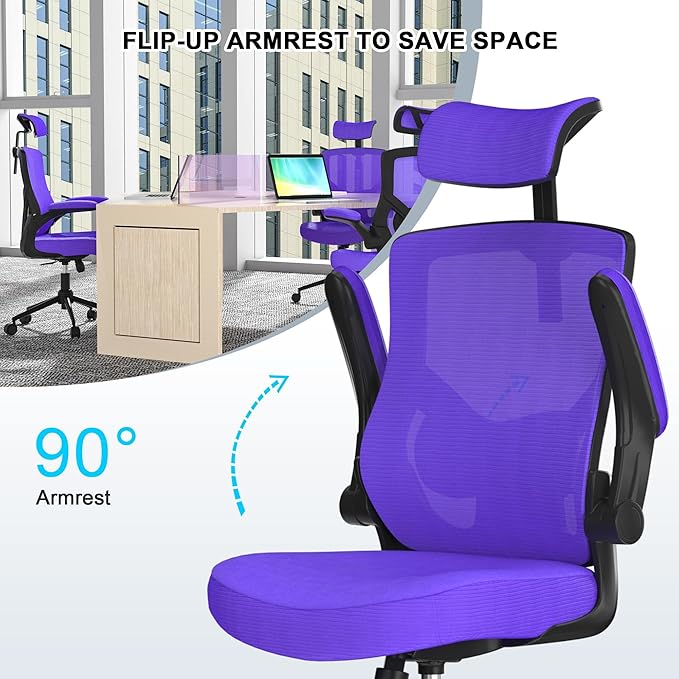 𝑯𝑶𝑴𝑬 𝑶𝑭𝑭𝑰𝑪𝑬 𝑪𝑯𝑨𝑰𝑹, Ergonomic Mesh Desk Chair, High Back Computer Chair- Adjustable Headrest with Flip-Up Arms, Lumbar Support, Swivel Executive Task Chair (Modern, Blue Violet) - LeafyLoom