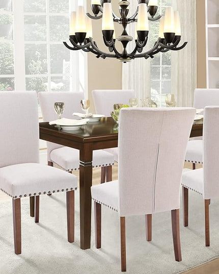 Parsons Dining Chairs Set of 2, Upholstered Nailhead Dining Room Kitchen Side Chair with Thick Cushions and Wood Legs, Beige - LeafyLoom