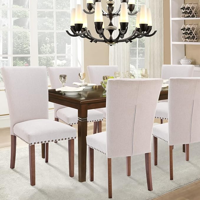 Parsons Dining Chairs Set of 2, Upholstered Nailhead Dining Room Kitchen Side Chair with Thick Cushions and Wood Legs, Beige - LeafyLoom