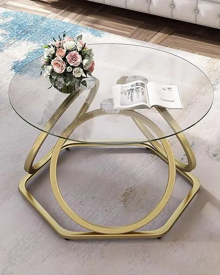 O&K FURNITURE Gold Coffee Table, Modern Glass Coffee Table Living Room Table with Hexagonal Base, Round Coffee Table for Home&Office, Gold Finish, 1 PC… - LeafyLoom