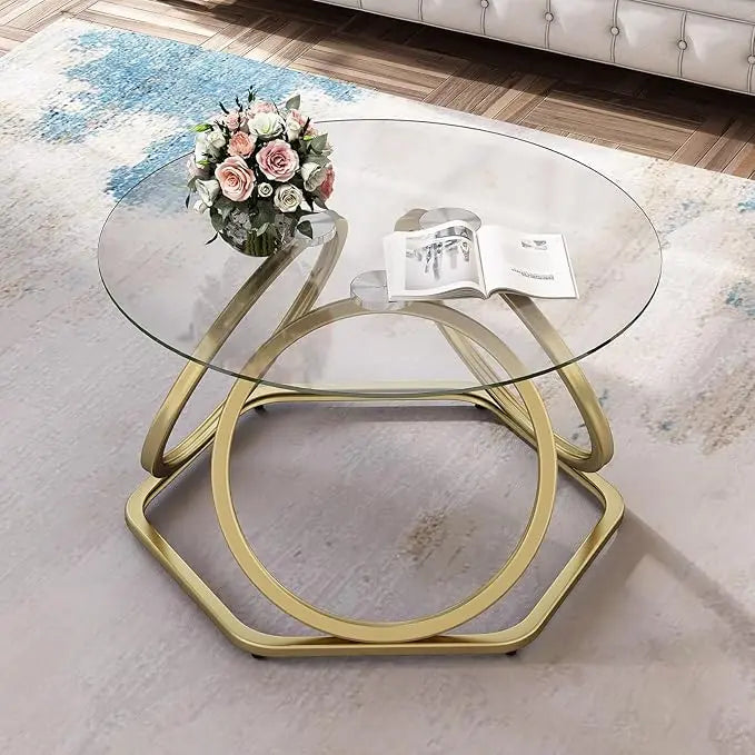 O&K FURNITURE Gold Coffee Table, Modern Glass Coffee Table Living Room Table with Hexagonal Base, Round Coffee Table for Home&Office, Gold Finish, 1 PC… - LeafyLoom