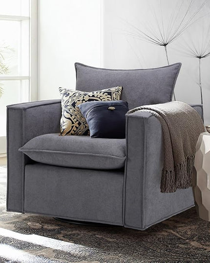 Swivel Accent Chair, 34 Inches Wide Upholstered Arm Chair with Plump Back Pillow, Modern Sofa Living Room Chair for Bedroom, Corner, Reading Nook-Grey - LeafyLoom
