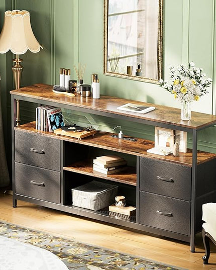 TV Stand Dresser with Power Outlets and LED Lights, 4 Drawers Entertainment Center with Shelves, 54 Inch Media Console for 55 60 Inch TV, PU Finish, Rustic Brown and Black - LeafyLoom