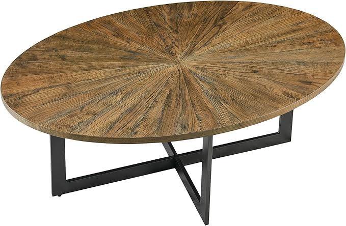 Solid Wood Oval Coffee Table with Cross Metal Legs, 47.9" Industrail Bar Cocktail Table for Living Room Kitchen Office Sofa Table Bristro Table for Cafe/Bar Rustic Brown 1831 - LeafyLoom