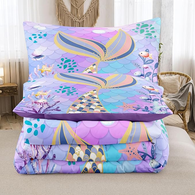 NINENINE Mermaid Tail Bedding Sets,Teal Purple Mermaid Comforter Set for Kids,Full Size Comforter Sets for Girls,Colorful Glitter Bedding Set with 1 Comforter 2Pillowcases… - LeafyLoom