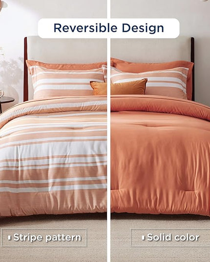 Bedsure Bed in a Bag California King Size 7 Pieces, Burnt Orange White Striped Bedding Comforter Sets All Season Bed Set, 2 Pillow Shams, Flat Sheet, Fitted Sheet and 2 Pillowcases - LeafyLoom