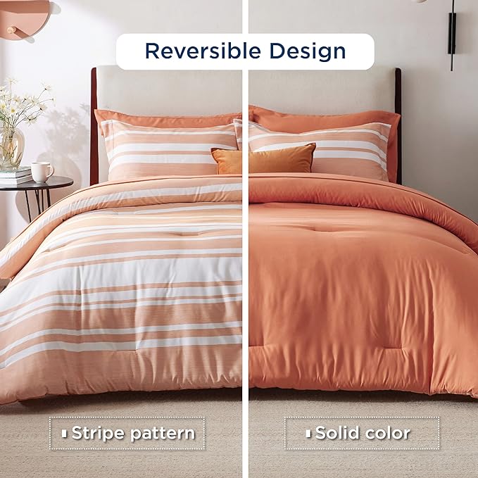 Bedsure Bed in a Bag California King Size 7 Pieces, Burnt Orange White Striped Bedding Comforter Sets All Season Bed Set, 2 Pillow Shams, Flat Sheet, Fitted Sheet and 2 Pillowcases - LeafyLoom