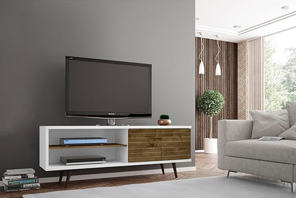 Manhattan Comfort Liberty Collection Mid Century Modern TV Stand With One Cabinet and Two Open Shelves With Splayed Legs, Wood/White, Medium, Model Number: 201AMC69 - LeafyLoom