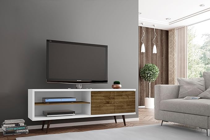 Manhattan Comfort Liberty Collection Mid Century Modern TV Stand With One Cabinet and Two Open Shelves With Splayed Legs, Wood/White, Medium, Model Number: 201AMC69 - LeafyLoom