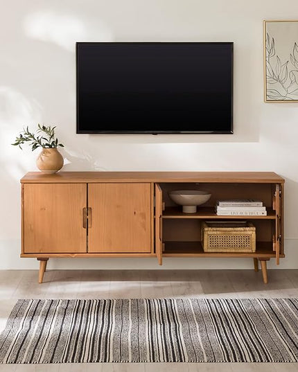 Walker Edison Genia Mid-Century Modern Solid Wood Stand for TVs up to 65 Inches, Caramel - LeafyLoom