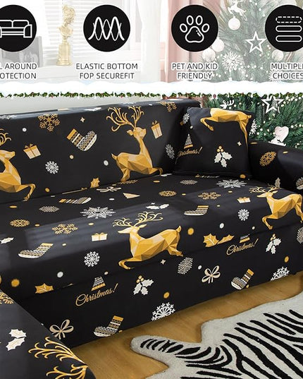 Mybedsoul Christmas Printed Black Sofa Cover Reindeer Printed Elastic Couch Cover Machine Washable Christmas Theme Red Sofa Slipcover for Living Room(3 Seater/Loveseat) Mybedsoul