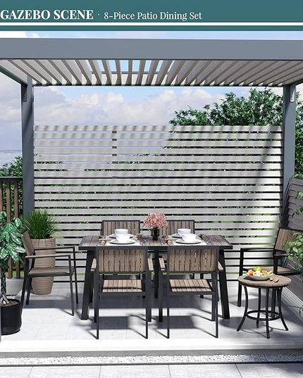 Pamapic 8-Piece Patio Dining Set，Outdoor Aluminum Furniture Set with Plastic-Wood Table Top,Outdoor Furniture Set with 6 Outdoor Stackable Chairs for Patio Garden Poolside，Walnut - LeafyLoom