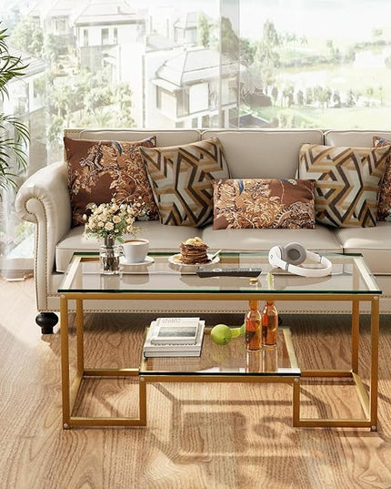 Coffee Table Gold Glass Coffee Table for Living Room,2 Tiers Rectangle Center Table with Sturdy Metal Frame,Modern Tempered Glass Accent Table for Bedroom Home Office - LeafyLoom