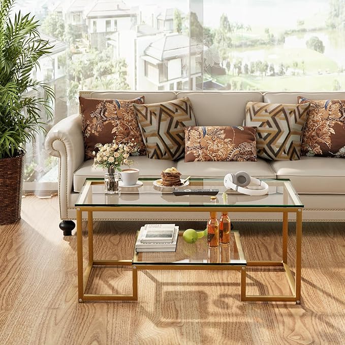 Coffee Table Gold Glass Coffee Table for Living Room,2 Tiers Rectangle Center Table with Sturdy Metal Frame,Modern Tempered Glass Accent Table for Bedroom Home Office - LeafyLoom