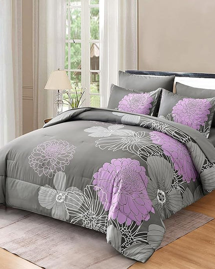 Yiran King Size Comforter Set Grey Purple Comforter Floral Bedding Comforter Set 7 Pieces Soft Microfiber Bed Set for All Seasons 103"×90" - LeafyLoom