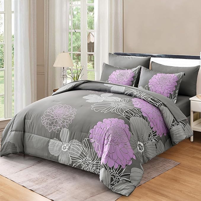 Yiran King Size Comforter Set Grey Purple Comforter Floral Bedding Comforter Set 7 Pieces Soft Microfiber Bed Set for All Seasons 103"×90" - LeafyLoom