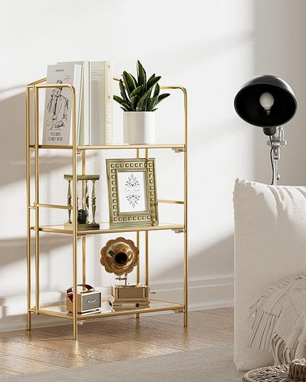 No Assembly Folding Bookshelf, 3 Tier Gold Bookshelf, Metal Book Shelf for Storage, Folding Bookcase for Office Organization and Storage, 12.6" D x 22.44" W x 42.13" H - LeafyLoom